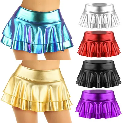 Sexy Women's Metallic Mini Skirt Wetlook Shiny Skater Dance Party Skirt Clubwear • $4.59