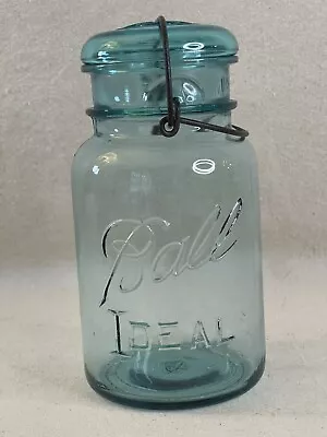 Ball Ideal Aqua Blue Qt Mason Jar PAT'd July-14-1908 #4 Glass Lid Wire Bail VTG • $21