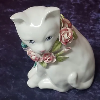 White Ceramic Kitten Cat Seymour Mann Ribbon Roses Early 1989 Rare? Hand Painted • $19.90