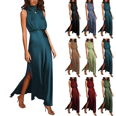 Women Summer Long Formal Satin Dress Mock Neck Sleeveless Side Slit Flowy Dress • $21.04