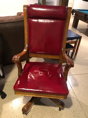 Vintage Oak Red Leather Swivel Office Executive Desk Chair • $450