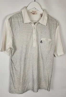 Penguin Polo Shirt Mens Large Grey White Geometric Cotton Short Sleeve 4 Button • £15.99