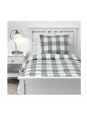IKEA Emmie Ruta Single Duvet Cover Pillow Case Bed Set White Green Gingham Check • £19.99