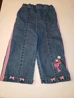 Elmo Jeans Girl’s Sesame Street Denim Pants Gingham Bows 5T Vintage 90s • $23