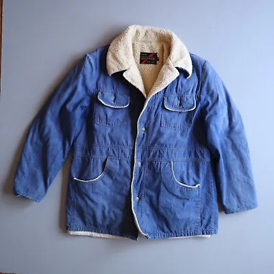 Vtg 70s Denim Coat Chore Jacket Sherpa Lined Fleece Trucker Sears Ranch 46 Tall • $125