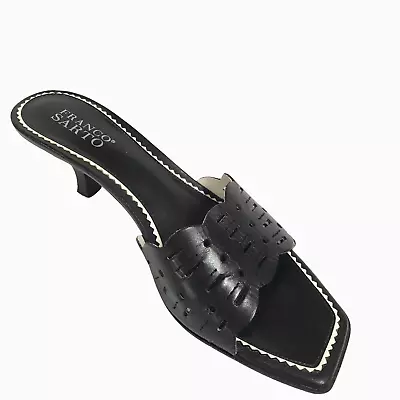 Franco Sarto Kitten Heels 9M Black Leather Retro 50's Slip On Pump Shoes Pin Up • £28.88