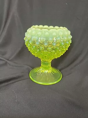 Fenton Topaz Opalescent Vaseline Glass Hobnail Footed Rose Bowl 4 1/5” Tall • $40