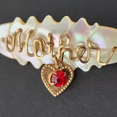 Vintage Mother Pin Brooch Mother Of Pearl Dangling Heart Red Glass July 50s Leaf • $7.85