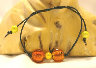 Adjustable Tie On Bracelet Anklet Black Leather Cord With Orange & Yellow Beads • £5