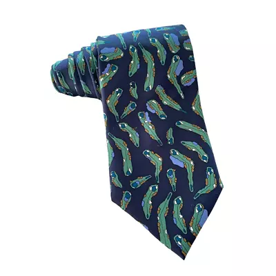 Josh Bach Mens Necktie Blue Green Golf Course Layout Print 100% Silk Classic • $16.99