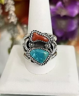 Sterling Silver Men’s Native American Leaf Design Turquoise Coral Ring Band • $149.99