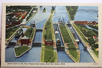 Michigan MI Sault Marie Soo Locks Aerial Postcard Old Vintage Card View Standard • $0.93