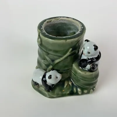 Small Majolica Vase Planter - Two Playful Pandas Lounging On Bamboo Tree • $26.99