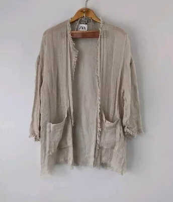 Zara Cardigan Women's XS-S Beige Linen Long Pockets Beach Lagenlook Minimalist • $29.99