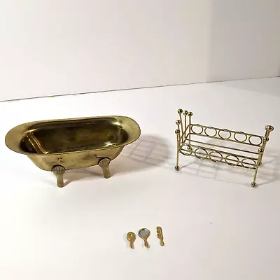 VTG Dollhouse Mini Brass Toned Bathtub Tub Crib Hairbrush Hand Mirror Comb • $18.17