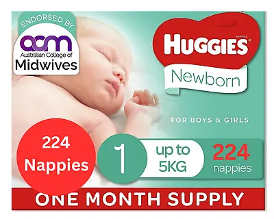 $125 • Buy 224 Huggies Newborn Nappies Size 1 (up To 5kg) 1 Month Supply