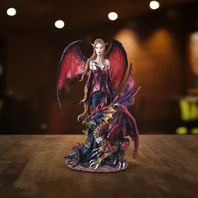 Gothic Red Fairy With Dragon Statue 8 H Fantasy Collectible Figurine Room Decor • $48.12