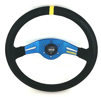 Genuine Momo Model Mod.03 Black Suede Blue Spokes 350mm Steering Wheel.     • $188.12