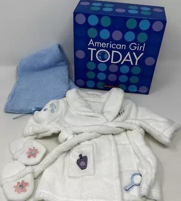 American Girl Spa Robe And Slippers White Embroidered Blue Towel NEVER USED • $23.95