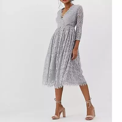 ASOS DESIGN Gray Lace 3/4 Sleeve Midi Dress Tea Dress Wedding Guest  • $40