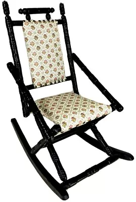 Antique Vintage Kids Child Size Wood Rocking Chair Black & Victorian Upholstery • $134