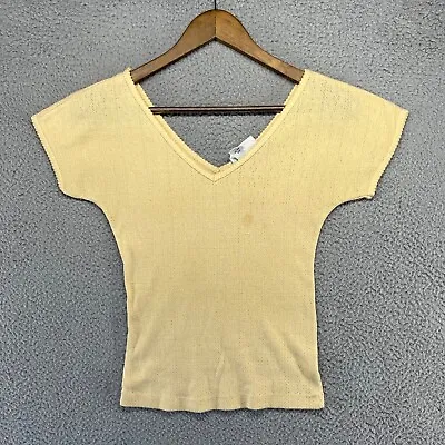 Vintage Bobbie Brooks Shirt Women's Small Beige Yellow V Neck Short Sleeve 80s • $13.18