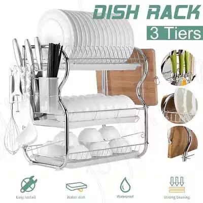 3 Tier Dish Rack Tableware Drying Cutlery Storage Removable Cutting Board Holder • $25.55