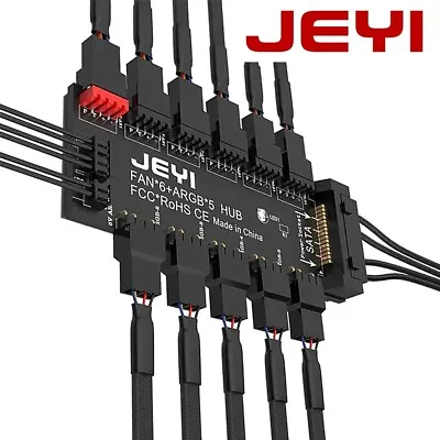 JEYI 4Pin PWM & 5V 3Pin ARGB With SATA 15Pin Power 5 Way Sync Fan Hub CPU Coolin • £15.12