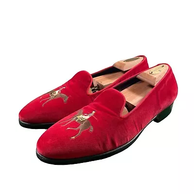 Ralph Lauren Purple Label Red Velvet Embroidered Polo Pony Slippers Mens 9.5D • $219.99