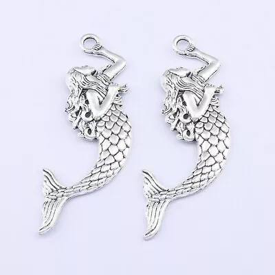 10 Large Mermaid Goddess Nautical Charms Pendants Antique Silver Tone 76mmx24mm • £5.40