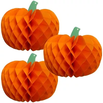 3 X Halloween Party Orange Honeycomb Paper Pumpkin Tablescape Table Decoration • £4.89