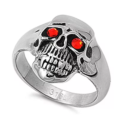 Men's Heavy Scary Skull CZ Eyes Ring Stainless Steel Band New 21mm Sizes 8-15 • $12.59