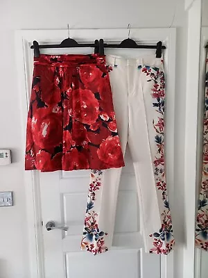 Massimo Dutti Red Silk Skirt & Zara Cream Floral Trousers 8 Uk Eur 36 • £24.99