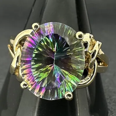 Mystic Topaz Solitaire Ring - 14ct Yellow Gold - UK Size R • $366.33