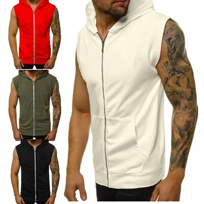 Men's Sleeveless Fitness Muscle Zip-up T-Shirt Vest With Pockets Zipper Hoodie • $18.22