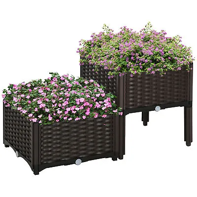 £23.99 • Buy Outsunny 2-piece Elevated Flower Bed Vegetable Herb Planter Plastic, Brown