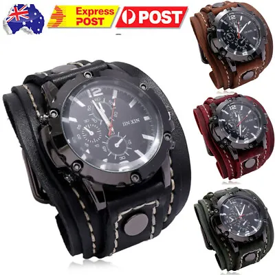 Retro Big Wide Genuine-Leather Strap Watch Men Punk Quartz Cuff Watch Wristwatc • $17.05