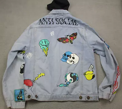 RUE 21 Denim Jacket Adult Large Anti Social Graffiti Punk Art Hooded Y2K Grunge • $24.99