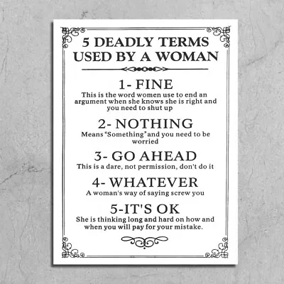 £4.99 • Buy Metal Signs 5 Deadly Terms Used By A Woman Mancave Funny Wall Plaques Joke Gift 