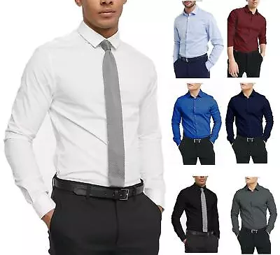 Mens Plain Modern Slim Fit Smart Shirts Long Sleeve Casual Formal Shirt Brango • £7.95