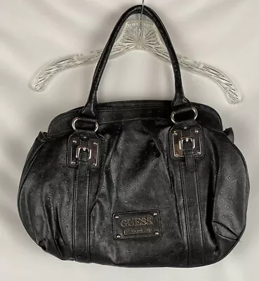 Vintage Guess Est 1981 Ostrich Leather Black Dual Top Handle Handbag 17”x12”x5” • $39.95