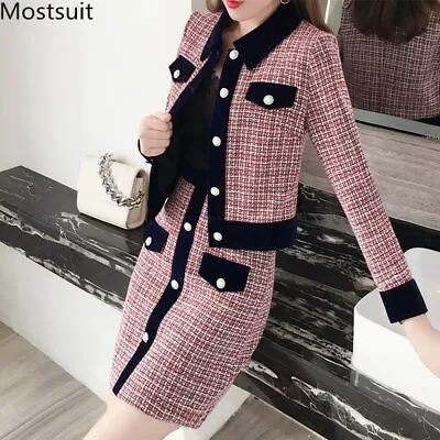 £62.21 • Buy Winter Women Tweed Vintage Two Piece Skirt Suits Sets Buttons Coat And A-line