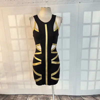 Bebe Addiction Cut Out Gold Metallic Bandage Bodycon Black Mini Dress Size S • $50