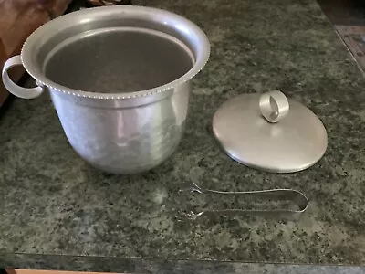 Vintage Mid Century Hammered Aluminum Ice Bucket With Handle & Tongs • $16