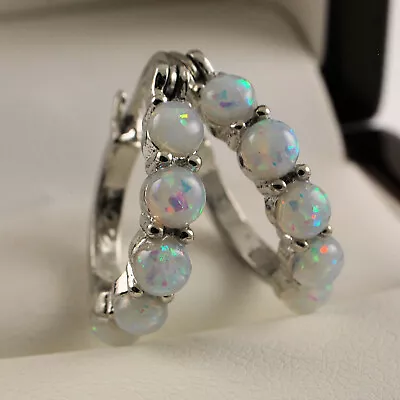 925 Sterling Silver Plated White Fire Opal Huggie Hoop Earrings UK • £7.99