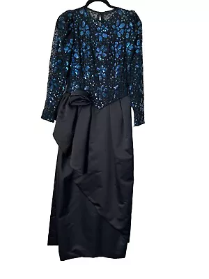 Mignon By Dorothy Farbo Dress Size 4 Black Satin Blue Sparkly Prom Formal Gown • $150