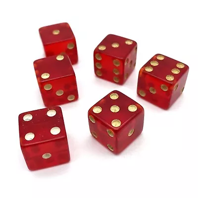 6 Vintage Transparent Red Plastic 6 Sided Dice 16mm Standard Size White Pips • $5