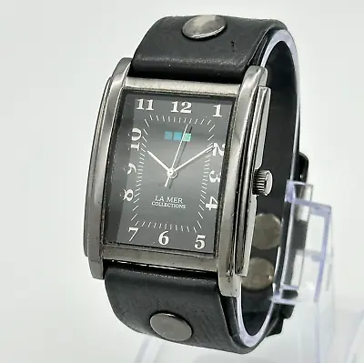 Ladies LA MER Collections All Black Wide 35mm Rectangle Watch Black Leather Runs • $16.99
