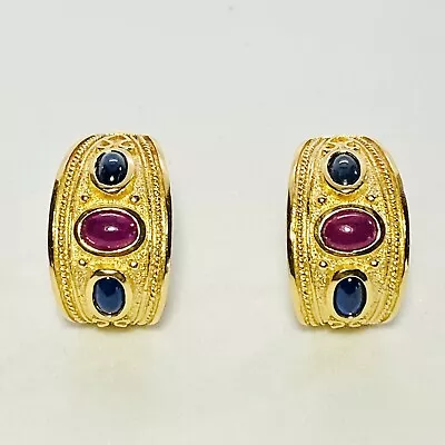 14K Yellow Gold 1.20ctw Ruby 1.40ctw Sapphire Byzantine Etruscan Earrings 12.9g • $1050
