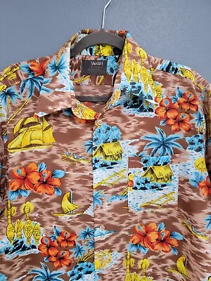 Vtg VAN CORT Brown Hawaiian Tiki Floral Button Down Polyester Short Sleeve L/XL • $15.99